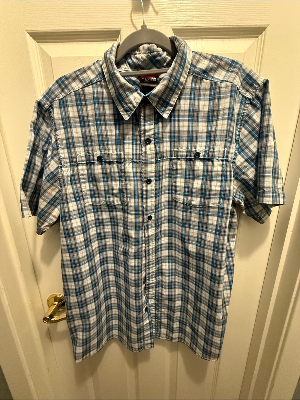 The North Face Men's Blue and White Plaid Short-Sleeve Button-Down Shirt
